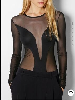 Bershka Black Long-Sleeve Mesh Bodysuit